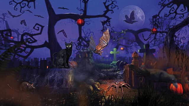 Halloween scena notturna con cimitero e vari animali