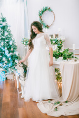 A cute teenage girl with long dark curly hair in a white airy ball gown near the Christmas tree in a room with a classic Christmas decor with a large Malamute. Christmas mood. pets