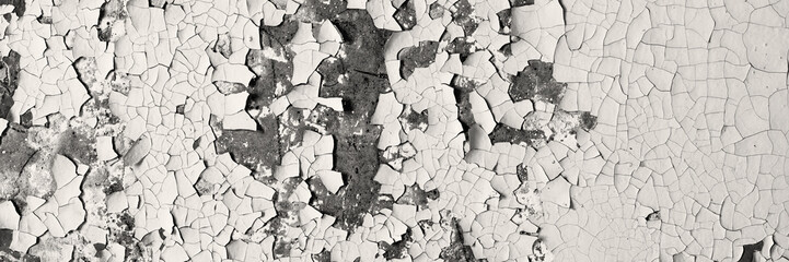 Peeling paint on the wall. Panorama of a concrete wall with old cracked flaking paint. Weathered rough painted surface with patterns of cracks and peeling. Wide panoramic texture for grunge background