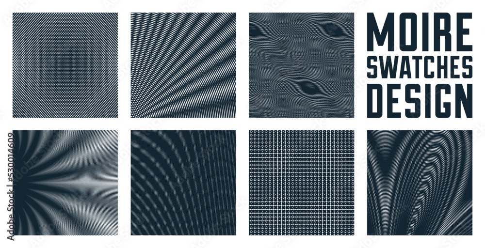 Poster abstract vector backgrounds set made with linear moire, op art effect surreal textures, sound and mu