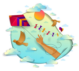 Hand holding kite over cloudy sky birds flying and sun, freedom and easiness emotional concept, vector modern style paper cut 3d illustration.