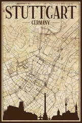 Black printout streets network map with city skyline of the downtown STUTTGART, GERMANY on a vintage paper framed background