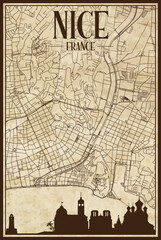 Black printout streets network map with city skyline of the downtown NICE, FRANCE on a vintage paper framed background