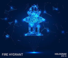A hologram of a fire hydrant. A fire hydrant made of polygons, triangles of dots and lines. The fire hydrant icon is a low-poly compound structure. Technology concept vector.