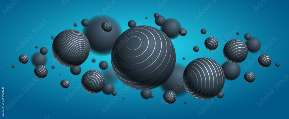 Poster realistic lined spheres vector illustration, abstract background with beautiful balls with lines and