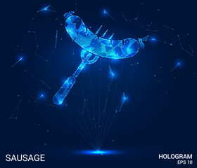 A hologram of a sausage. Sausage on a fork made of polygons, triangles of dots and lines. Sausage icon is a low-poly compound structure. Technology concept vector.