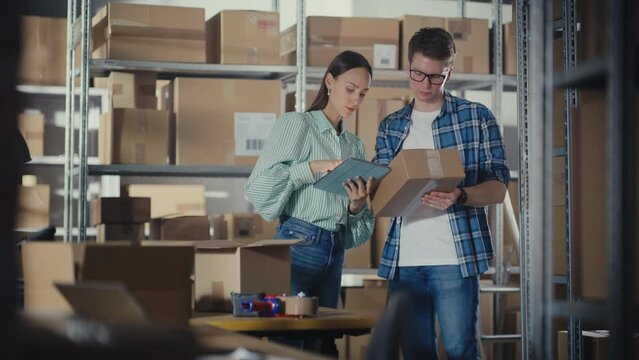 Female Inventory Manager Shows Information on Tablet Computer to a Worker Holding a Cardboard Box, They Talk and Discuss Work. Stock of Parcels with Products Ready for Shipment in the Background.