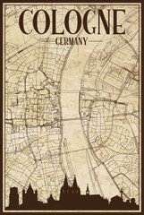 Black printout streets network map with city skyline of the downtown COLOGNE, GERMANY on a vintage paper framed background