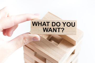 WHAT DO YOU WANT text on wooden cubes in businessman hand