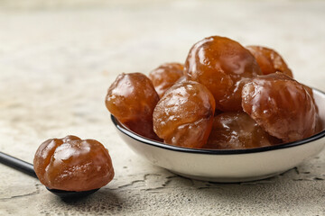 Chestnut candied sugar syrup and glazed or marron glacé,  confection, originating in northern Italy and southern France. Close up.