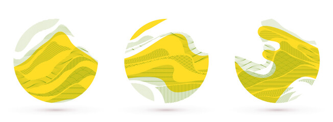 Abstract oriental Japanese art vector backgrounds set in yellow color in shape of circle, traditional style design, wavy shapes and mountains terrain landscape, runny like sea lines.