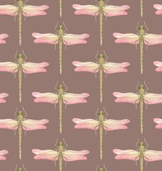 PINK SEAMLESS PATTERN WITH WATERCOLOR DRAGONFLIES