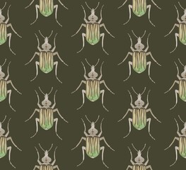 OLIVE SEAMLESS PATTERN WITH WATERCOLOR BEETLES