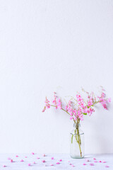 Pink Mexican Creeper (Antigonon leptopus) flowers in water glass bottle on white wooden table with cement wall background