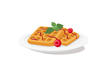 Belgian waffles with raspberries and mint on the plate isolated in the white background. Vector illustration