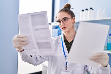 Young woman scientist reading document at laboratory