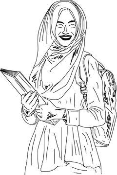 recommend clip art: Islamic madrasa girl student line art vector illustration