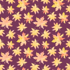 LILAC SEAMLESS PATTERN WITH WATERCOLOR YELLOWING MAPLE LEAVES