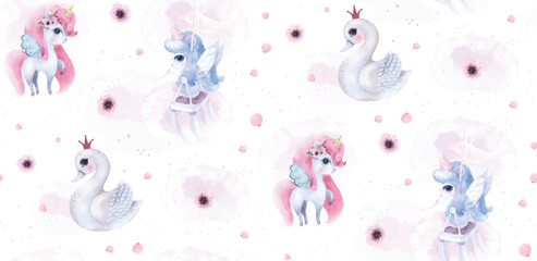 Unicorn fairy swan watercolor watercolour aquarelle poster girl room decor wallpaper background cartoon hand drawn illustration t-shirt print, kids wear fashion design, baby shower invitation © yuliabikirova