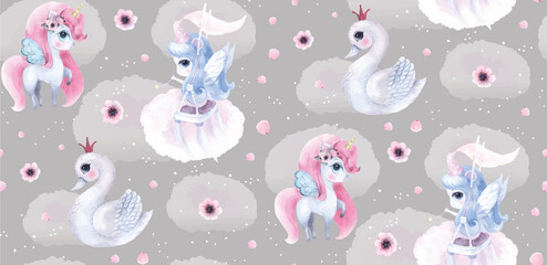 Unicorn fairy swan watercolor watercolour aquarelle poster girl room decor wallpaper background cartoon hand drawn illustration t-shirt print, kids wear fashion design, baby shower invitation © yuliabikirova