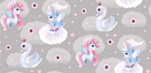 Unicorn fairy swan watercolor watercolour aquarelle poster girl room decor wallpaper background cartoon hand drawn illustration t-shirt print, kids wear fashion design, baby shower invitation © yuliabikirova