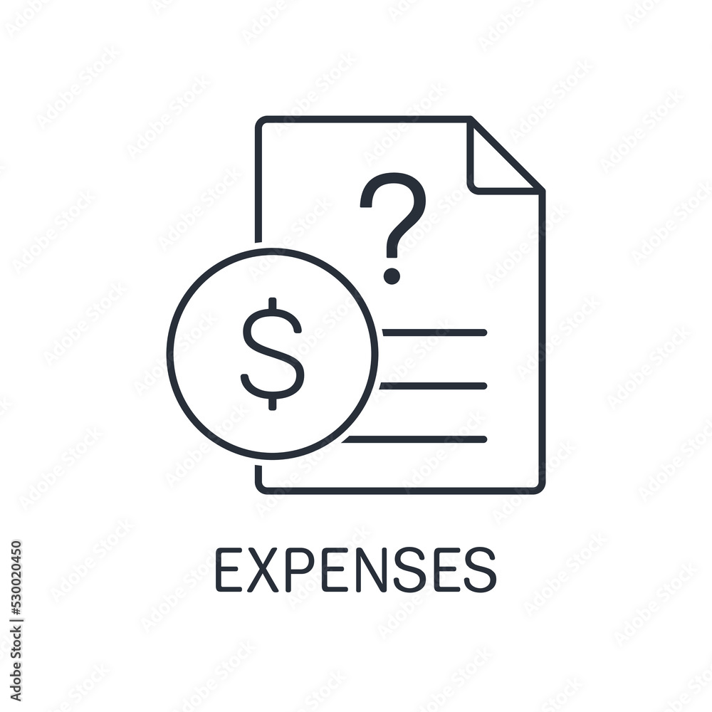 Poster financial document with a question mark. unknown expenses. vector linear icon isolated on white back