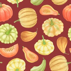 CRIMSON SEAMLESS PATTERN WITH MULTICOLORED WATERCOLOR PUMPKINS