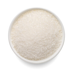 Fototapeta na wymiar Crystal sugar in round bowl isolated on white. Top view.
