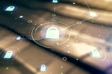 Virtual creative lock sketch with chip hologram on shiny metal background, protection of personal data concept. Multiexposure