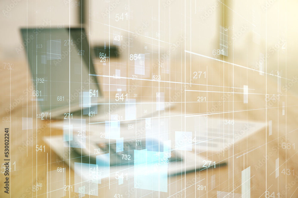 Aufkleber multi exposure of abstract virtual graphic data spreadsheet sketch on blurry calculator and computer