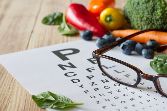 Food for eyes health, colorful vegetables and fruits, rich in lutein, eyeglasses and eye test chart on wooden background, concept 