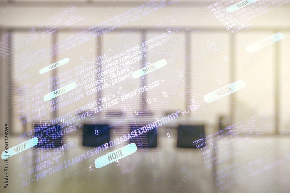 Poster multi exposure of abstract programming language hologram and world map on a modern furnished office 