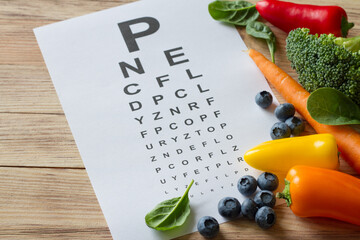 Food for eyes health, colorful vegetables and fruits, rich in lutein and eye test chart on wooden background, concept - obrazy, fototapety, plakaty