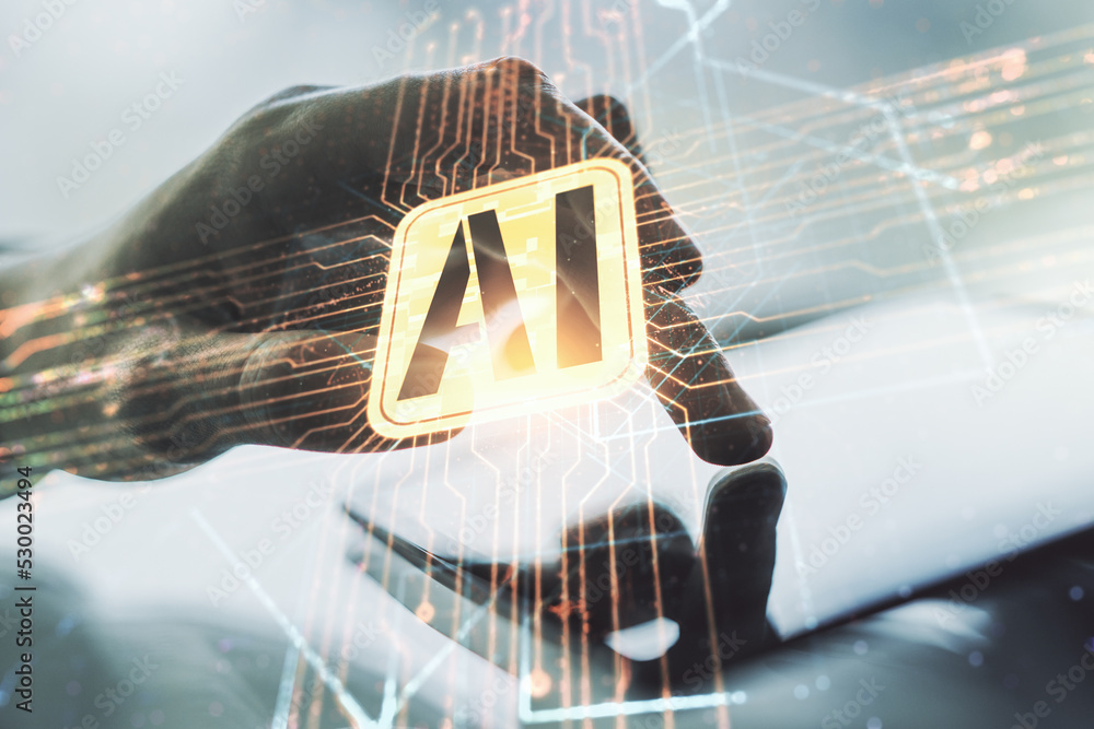 Poster double exposure of creative artificial intelligence icon with finger clicks on a digital tablet on b