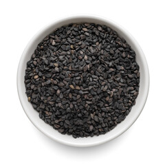 Black sesame seeds in round bowl isolated on white. Top view.