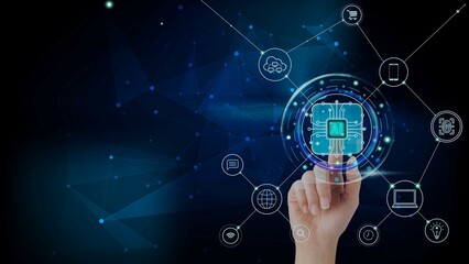 Artificial intelligence (AI) Virtual Screen. Modern metaverse ai and machine learning algorithm concept map. Design for visual concept. Modern and Hi tech glass screen. Finger touching to AI button.