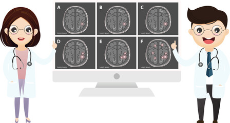 Doctor with examination MRI scan of the brain. MRI machine, computer tomograph.