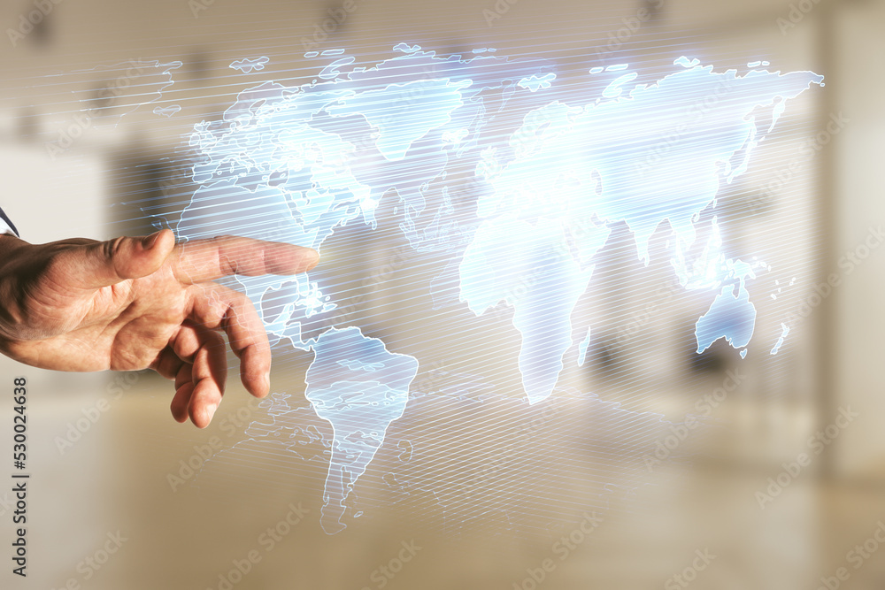 Aufkleber multi exposure of businessman hand clicks on abstract graphic world map on blurred office background