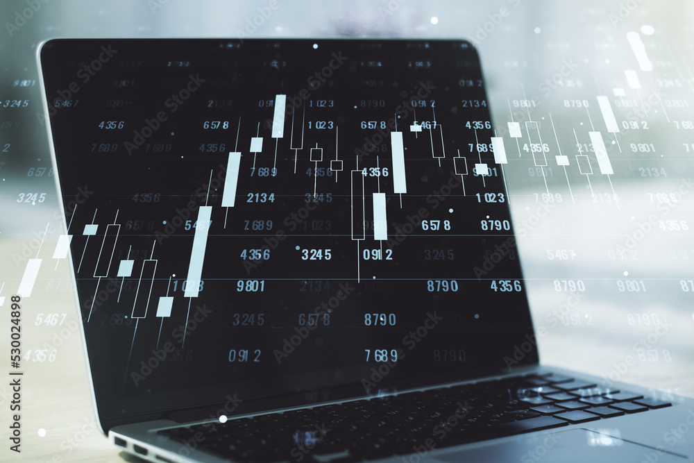 Aufkleber multi exposure of abstract statistics data hologram interface on computer background, computing and 