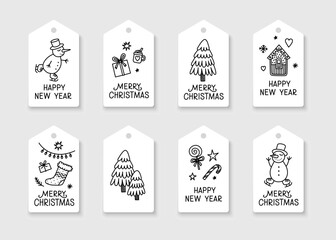 Christmas tags for coloring. Gift tags vector template for creativity. Cute doodle decoration