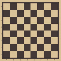 Wooden chess board. Chessboard background with letters and numbers.