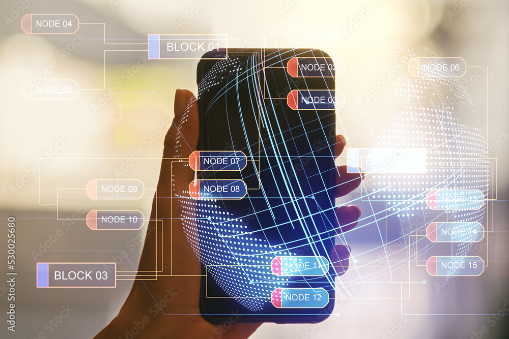 Poster double exposure of abstract programming language hologram with world map and hand with cell phone on
