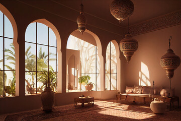 interior of a mosque, middle eastern, morocco building interior background, 3d render, 3d illustration, digital illustration, digital painting, cg artwork, realistic illustration - obrazy, fototapety, plakaty