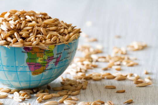 Globe Filled With Grain, Concept Of Global Food Scarcity And Hunger, Export And Import Cereal