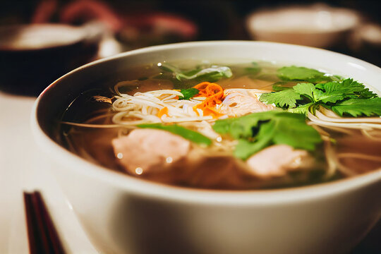 vietnamese pho soup, thai noodle soup with chop sticks, 3d render, 3d illustration, digital illustration, digital painting, cg artwork, realistic illustration