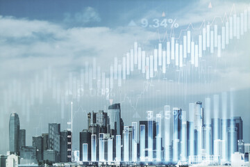 Multi exposure of virtual abstract financial graph interface on Los Angeles cityscape background, financial and trading concept