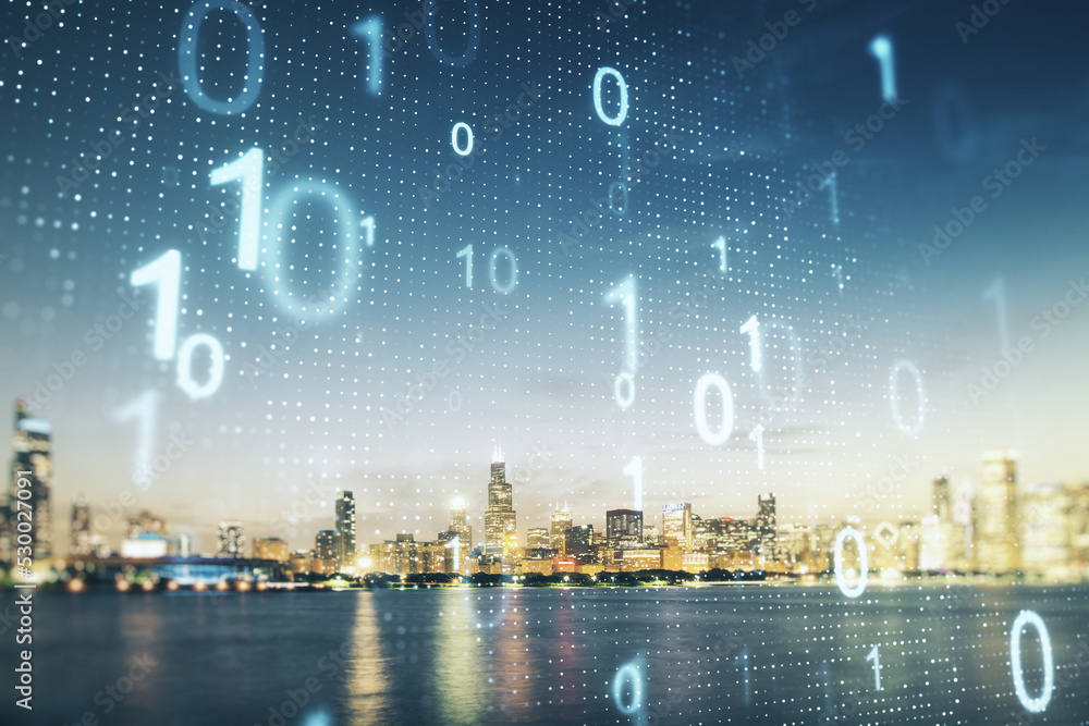 Leinwandbilder Double exposure of abstract virtual binary code hologram on Chicago city skyscrapers background. Database and programming concept