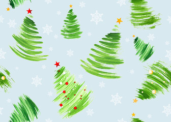 seamless pattern of Christmas trees and snowflakes on a light blue background