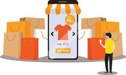 Online Shopping Concept with Characters. Mobile E-commerce Store with Flat People Buying Products with Smartphone and Tablet.