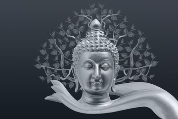 Buddha face on hand and bodhi tree on black background.